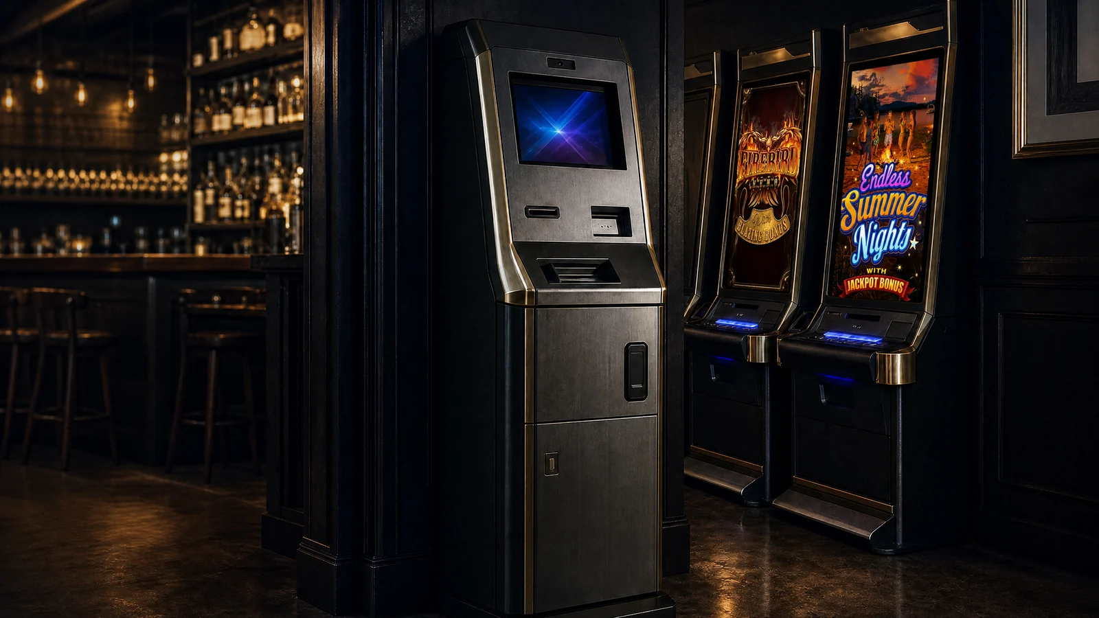 Secure self-service cash management kiosk installed beside Skill VGT terminals
