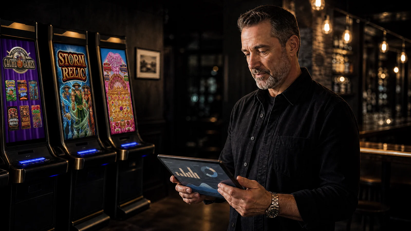 Texas business owner reviewing terminal performance beside three machines showing an attract screen, Storm Relic, and Bridal Affair